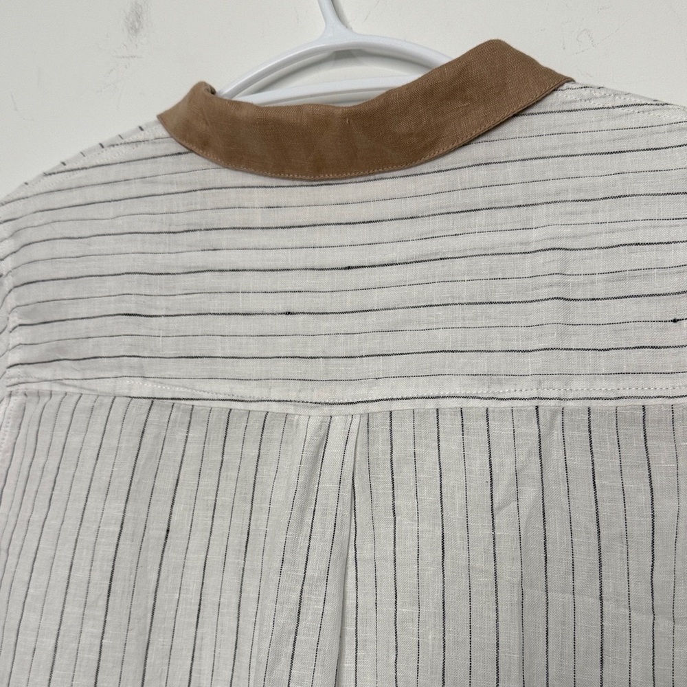 100% linen Striped White and Brown Button-Up Shirt - Picture 8 of 11